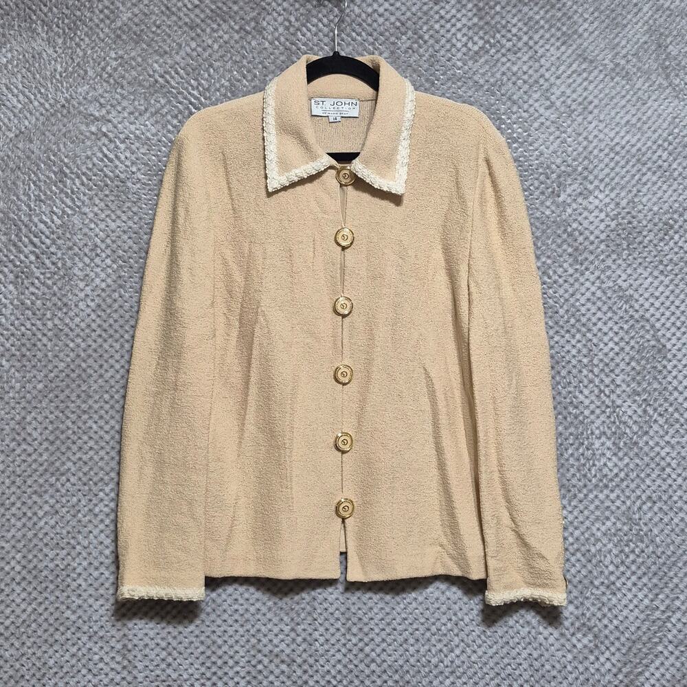 St. John Collection Knit Jacket Blazer 14 Stretch Logo Buttons Crochet Trim